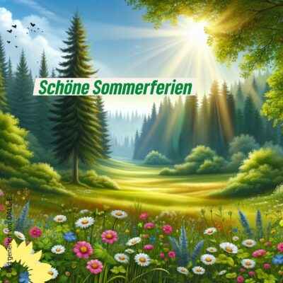 Zu sehen ist ein Wald im Hintergrund, vorne ist Wiese und die Sonne scheint. Oberhalb steht der Test "Schöne Sommerferien"