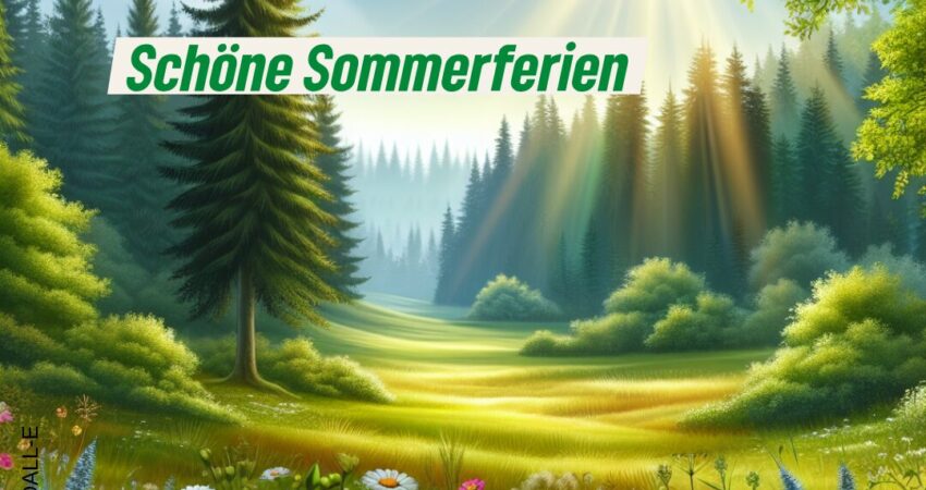 Zu sehen ist ein Wald im Hintergrund, vorne ist Wiese und die Sonne scheint. Oberhalb steht der Test "Schöne Sommerferien"